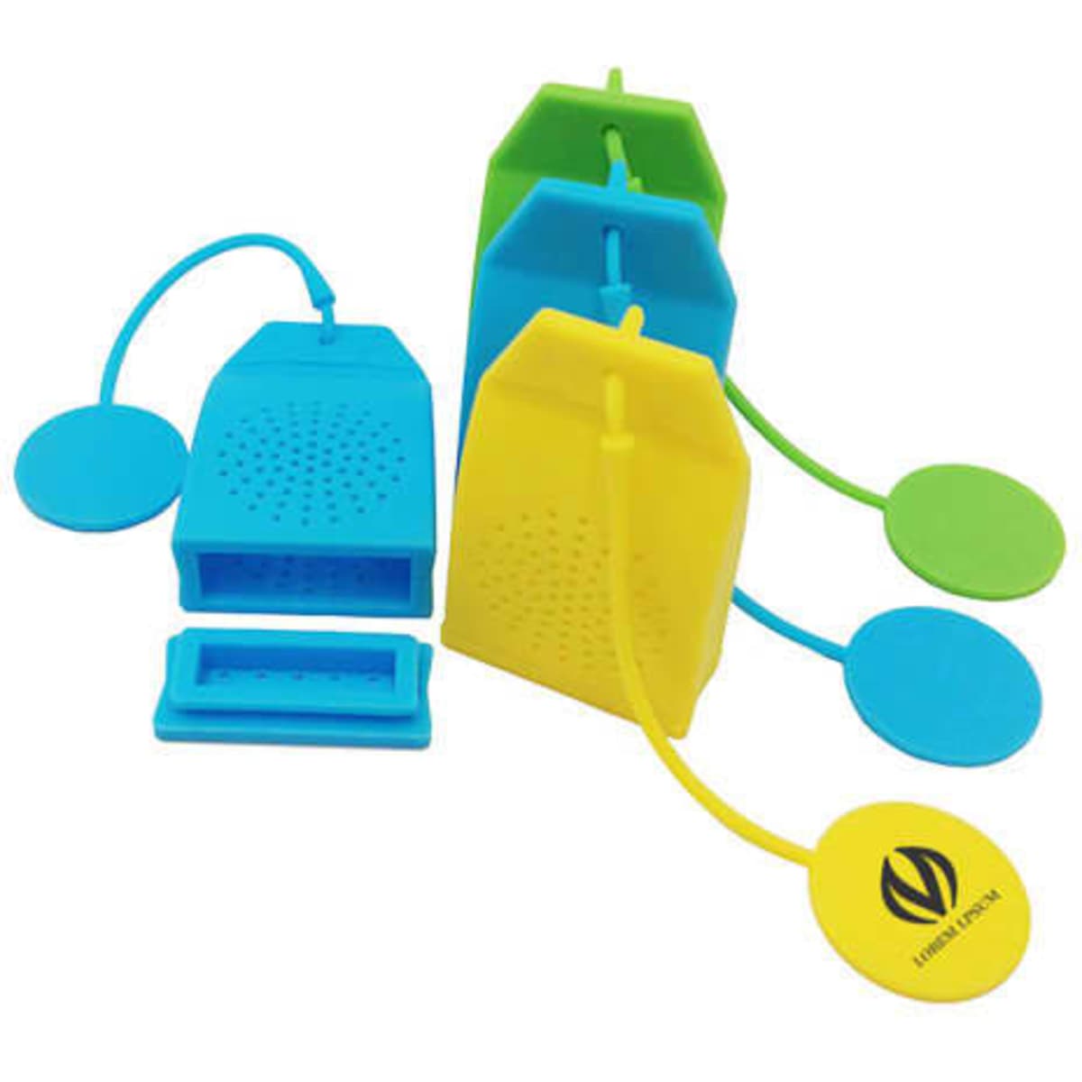 Reusable silicone tea bags in blue and green with long ropes, featuring a logo on one bag.