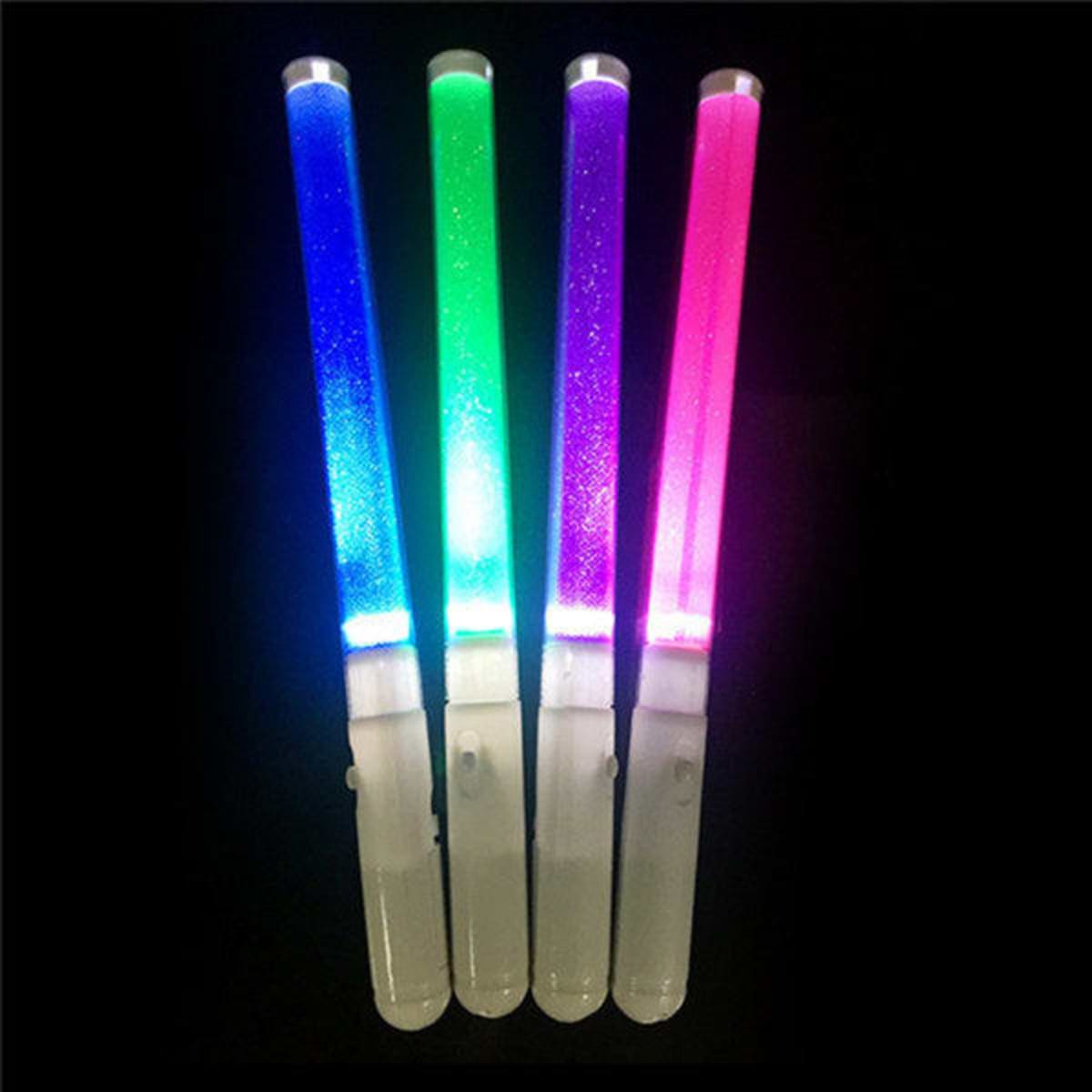 Four handheld LED glow sticks in blue, green, pink, and purple with clear tubes, featuring white bases and a logo.