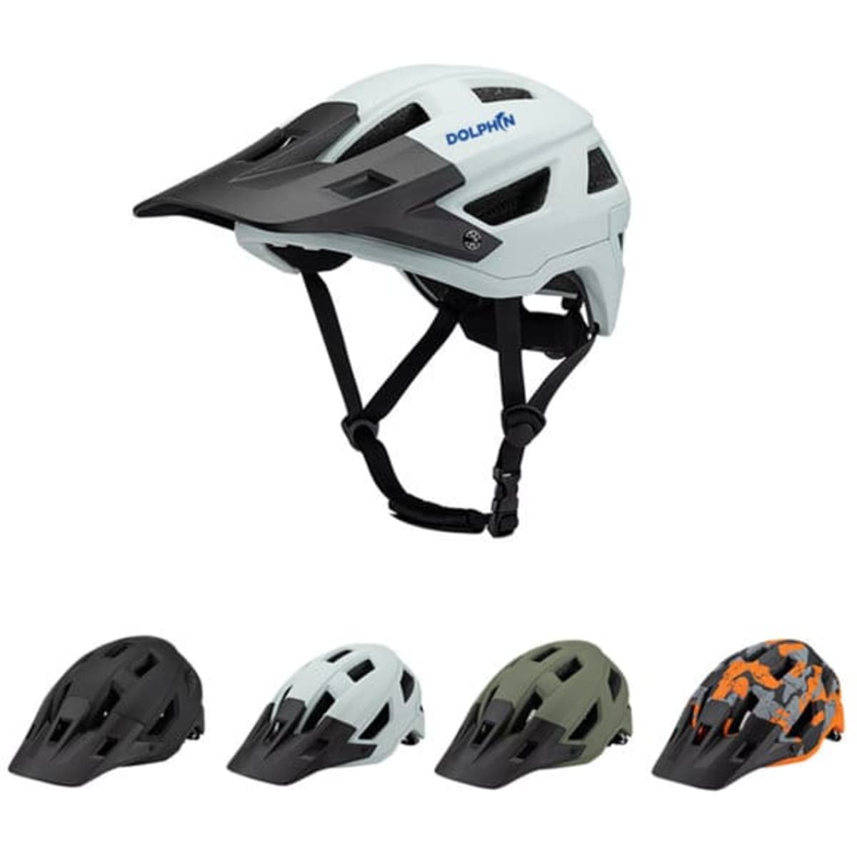 A mountain bike helmet in white and black, with three additional helmets in black, green, and orange. Features a logo.