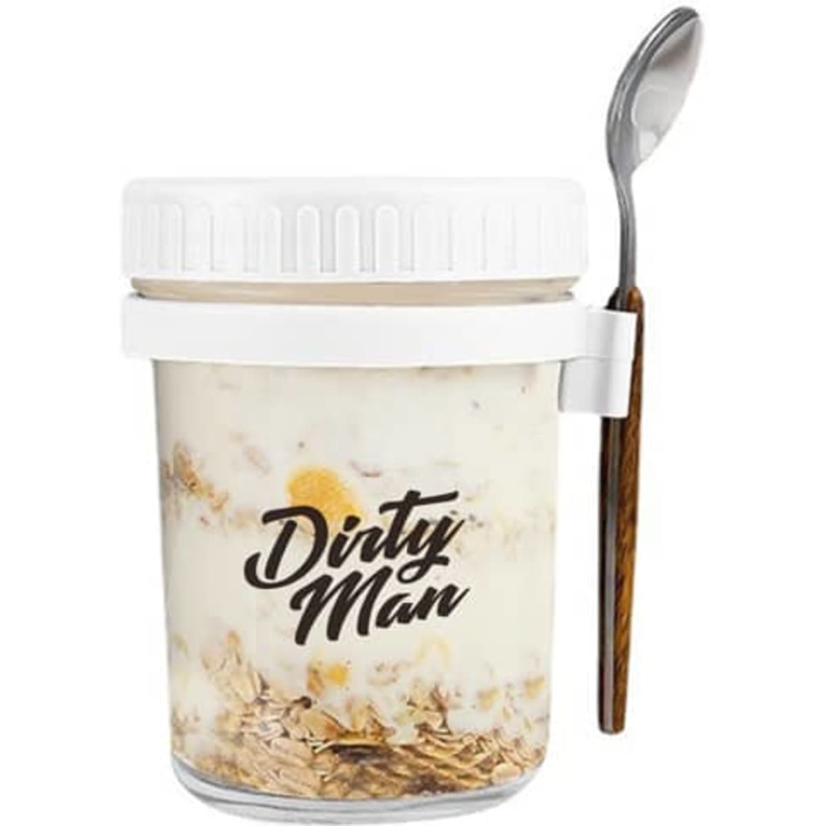 A glass jar with a white lid, containing oatmeal, and accompanied by a wooden spoon. It features a logo.