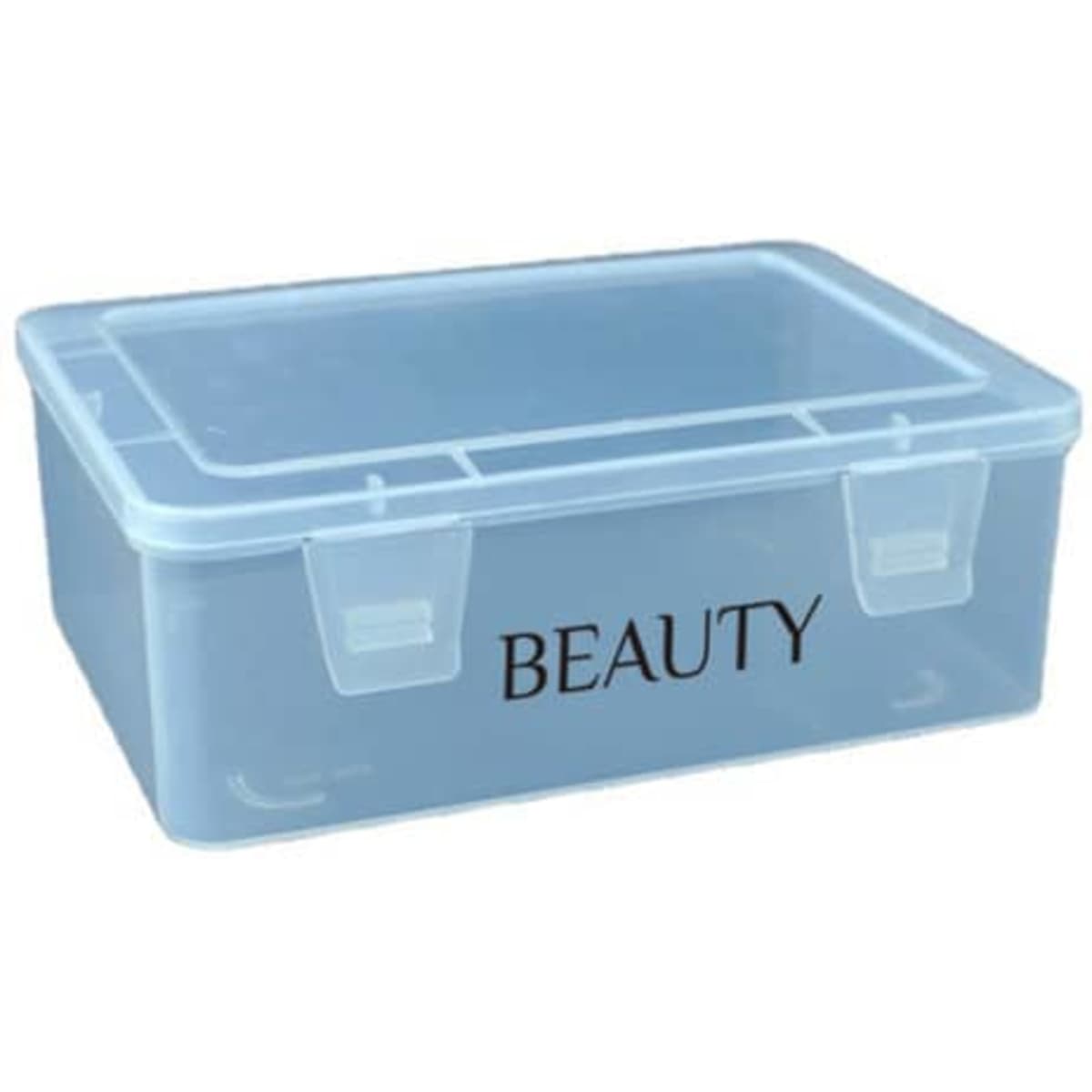 A clear rectangular storage box with a flip-top lid, featuring a logo and a black label stating "BEAUTY."