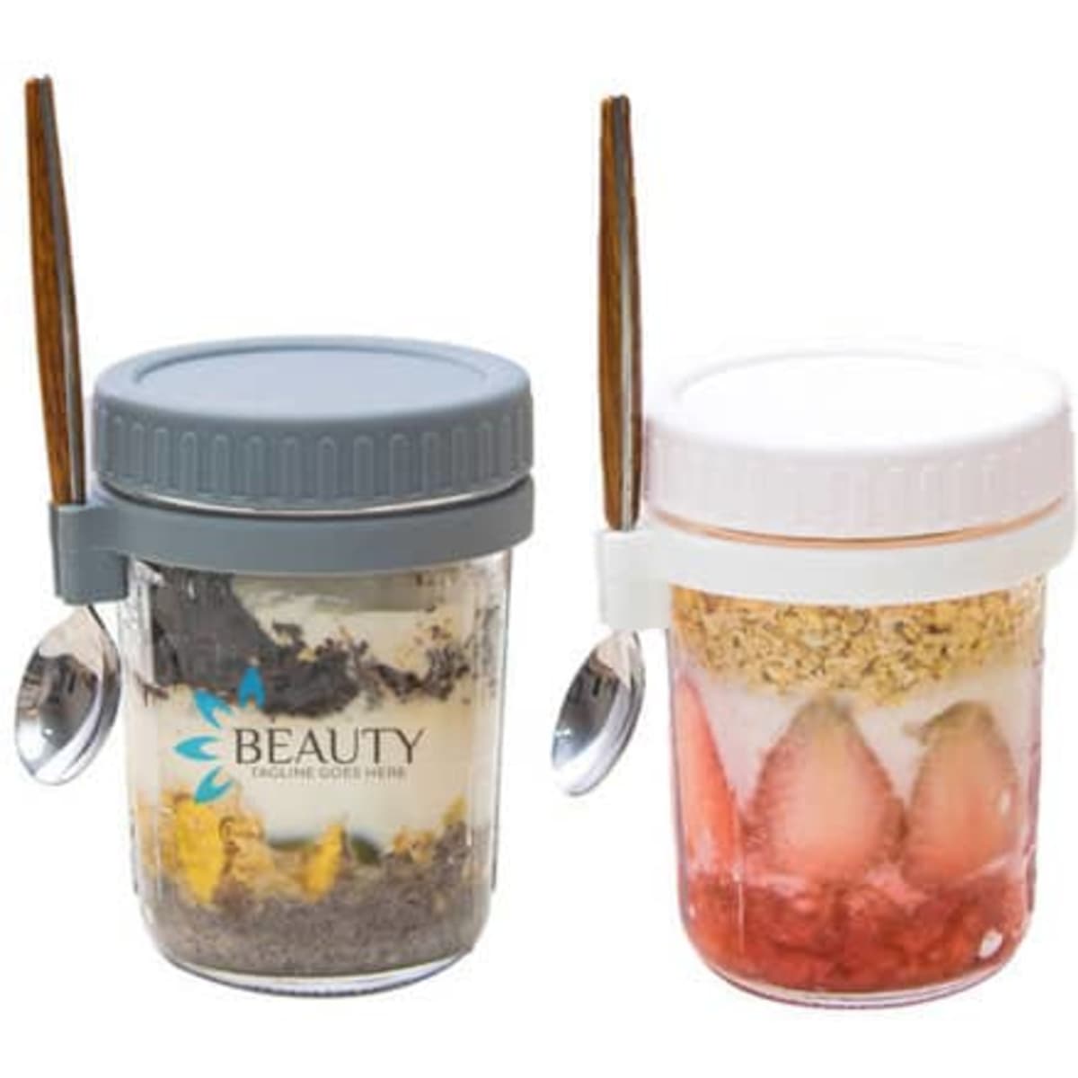 A set of two 600ml glass jars with lids and wooden spoons, featuring varying contents and colours. Each jar has a logo.