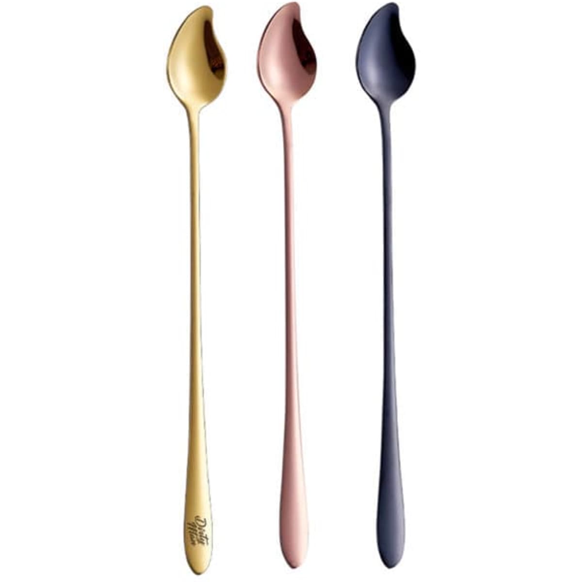 Three mango-shaped stainless steel spoons with long handles in gold, rose gold, and navy blue. Each spoon has a shiny finish.