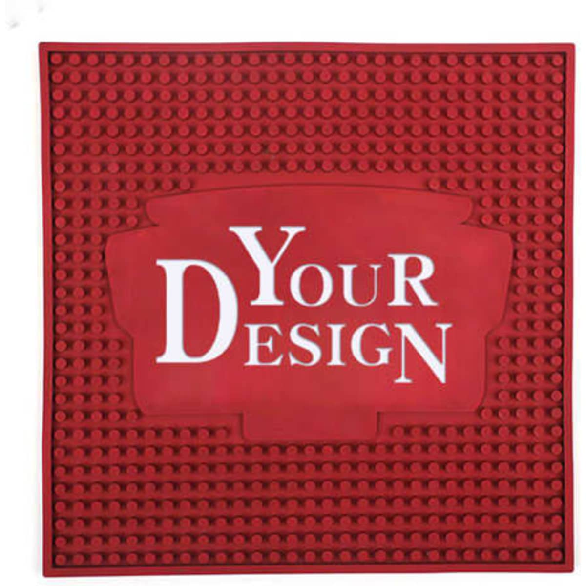 A red soft PVC bar mat featuring a textured surface and a space for custom logos or designs.