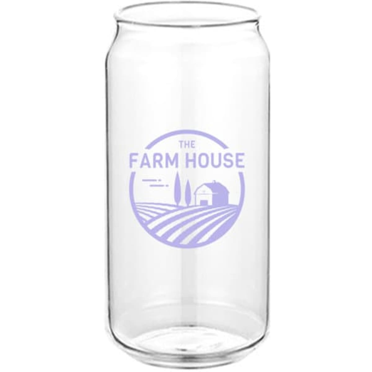 A glass beer can shaped like a 19 oz. container, featuring a logo and a clear finish.