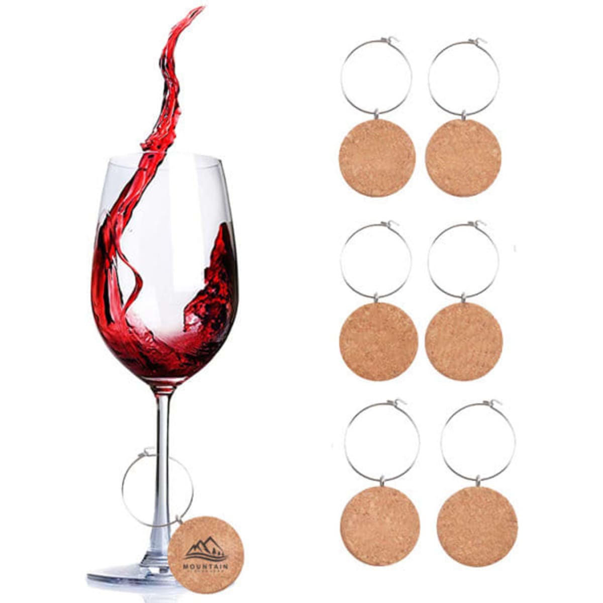 A wine glass with red wine splashing, accompanied by six cork wine glass charms on a silver loop.