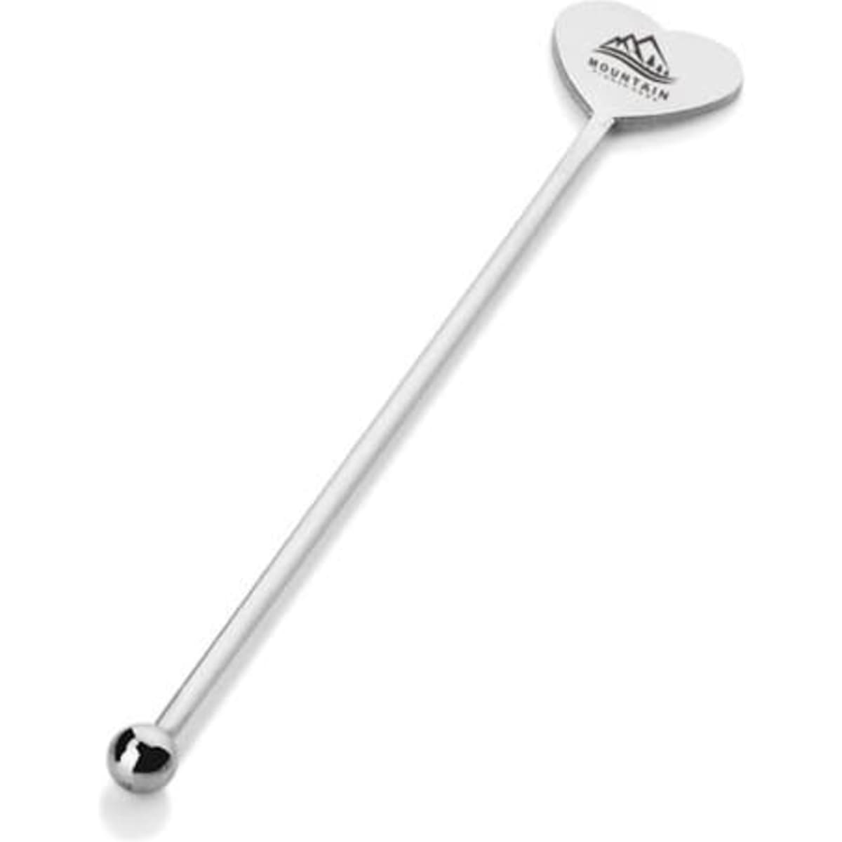 A stainless steel stirring rod with a heart-shaped top and a rounded end, featuring a logo.