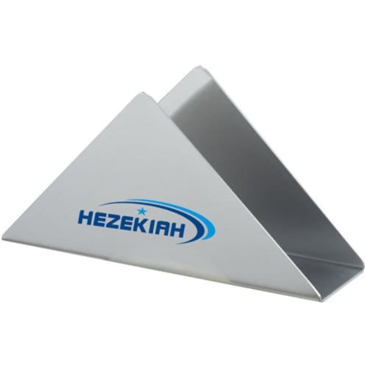 A stainless steel triangle napkin stand with a logo, featuring a sleek silver finish.