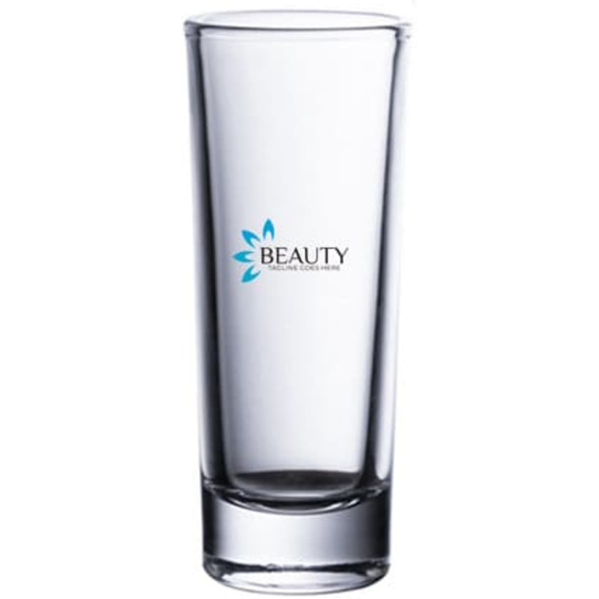 A clear glass mini shot glass with a logo printed on it, featuring a sleek design and straight edges.