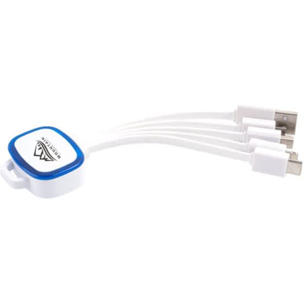 A 4-in-1 charging cable in white with blue accents, featuring multiple connectors for various devices.