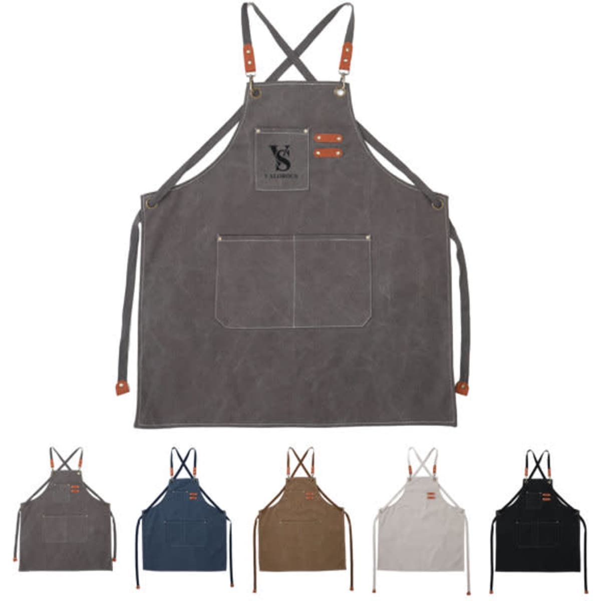A grey waterproof canvas apron with pockets, featuring straps and a logo, available in multiple colours.