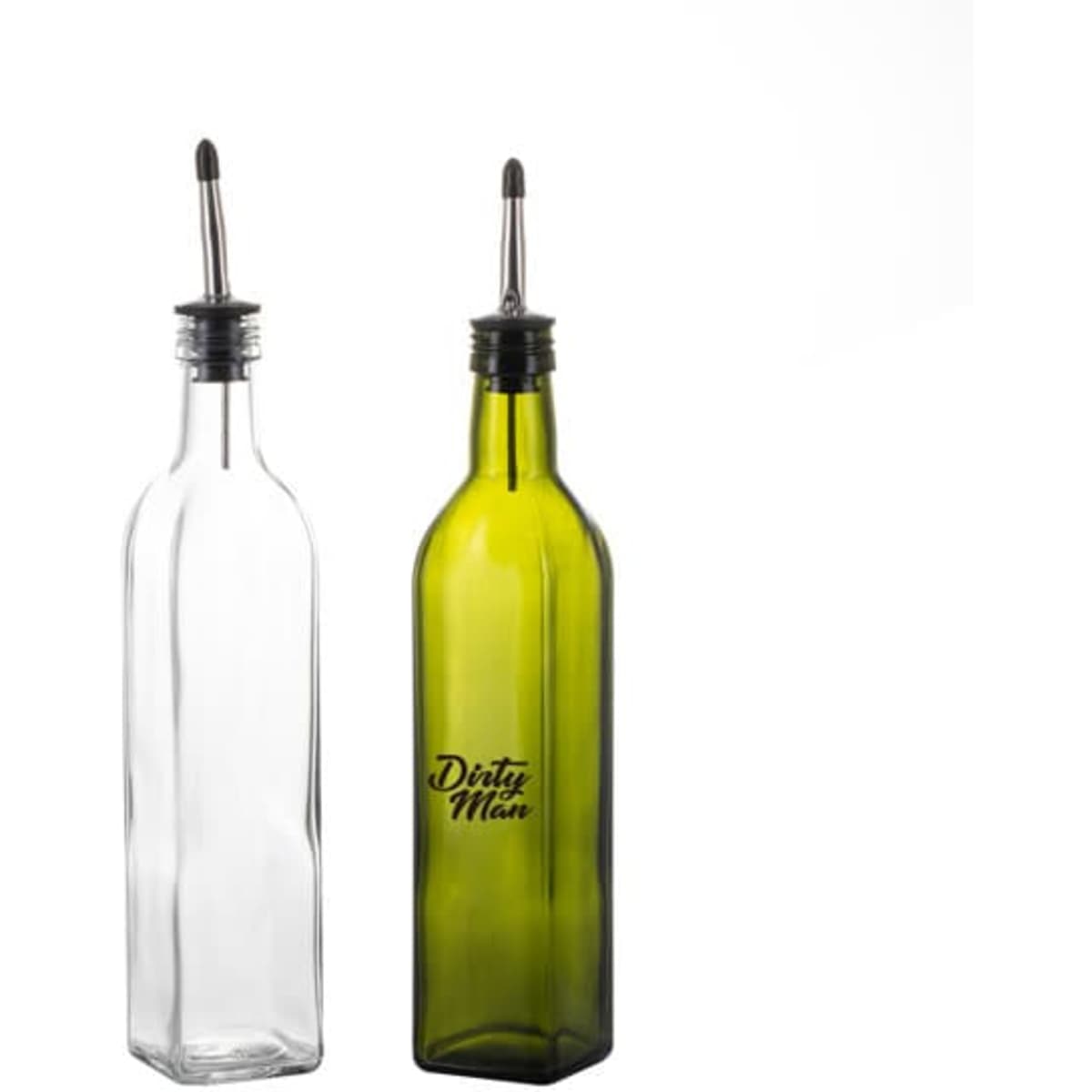 A 17 oz. olive oil dispenser bottle featuring clear and green glass designs with metal pour spouts and a logo.