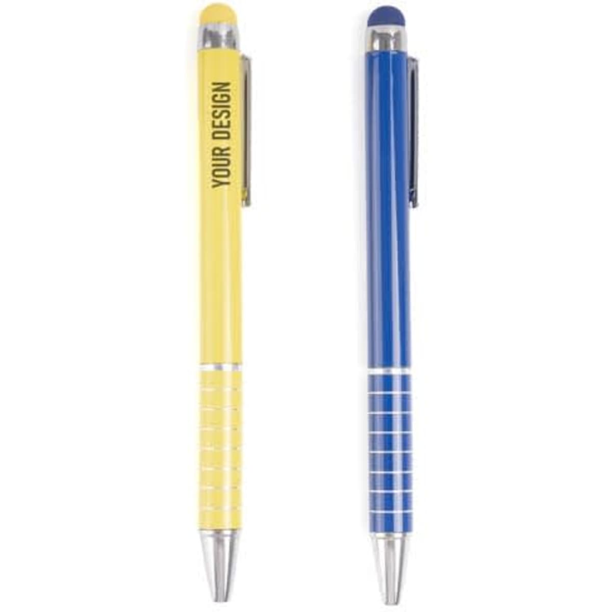 A blue and a yellow stylus pen, each featuring a rubber tip for touch screens and a metal clip. Both have a logo.