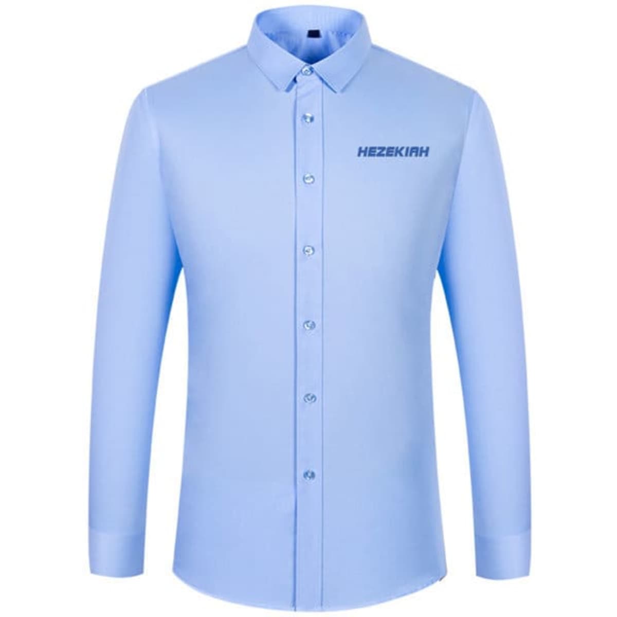 A light blue button-up shirt with long sleeves and a logo on the front.