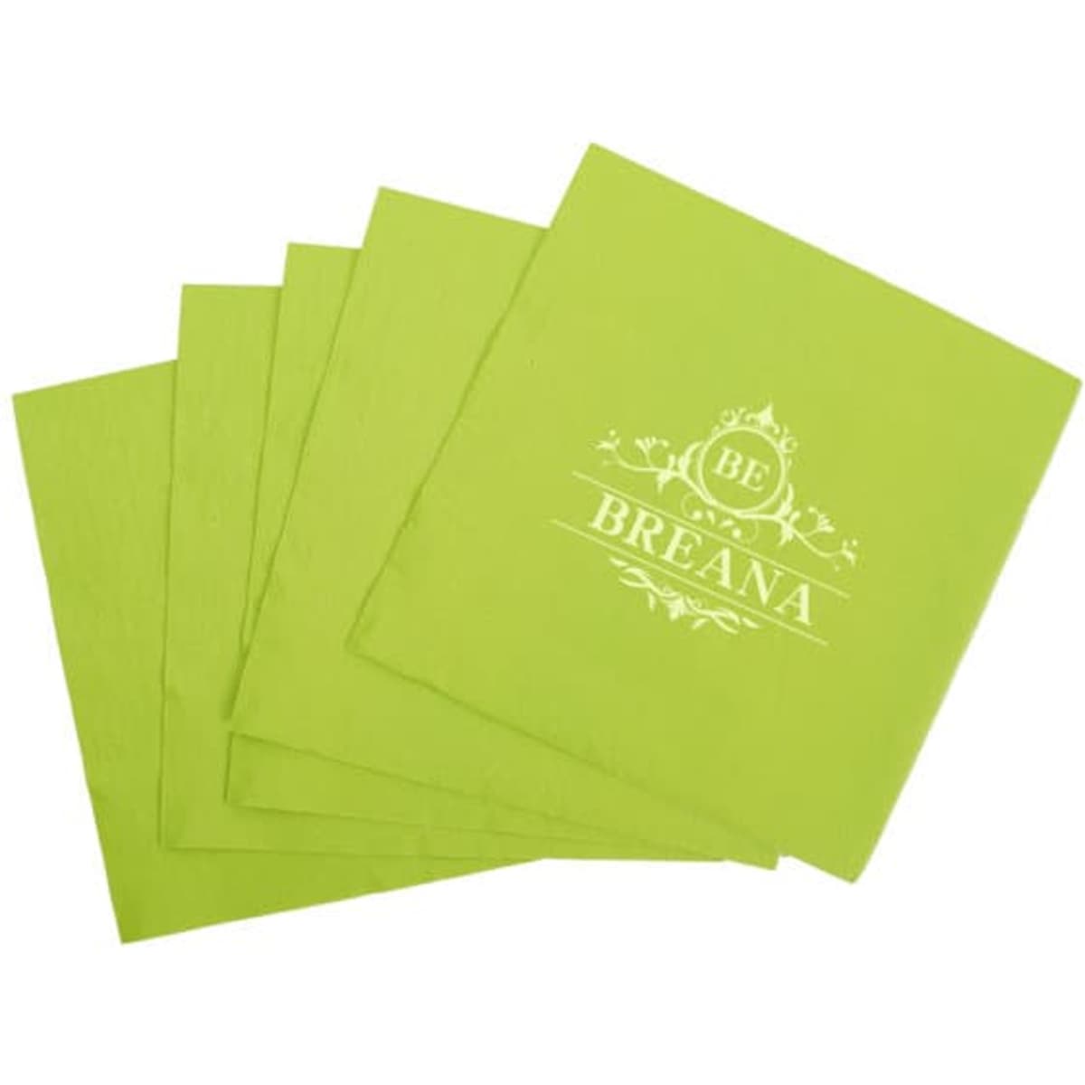 A set of vibrant lime green cocktail napkins with a decorative logo or branding printed on them.