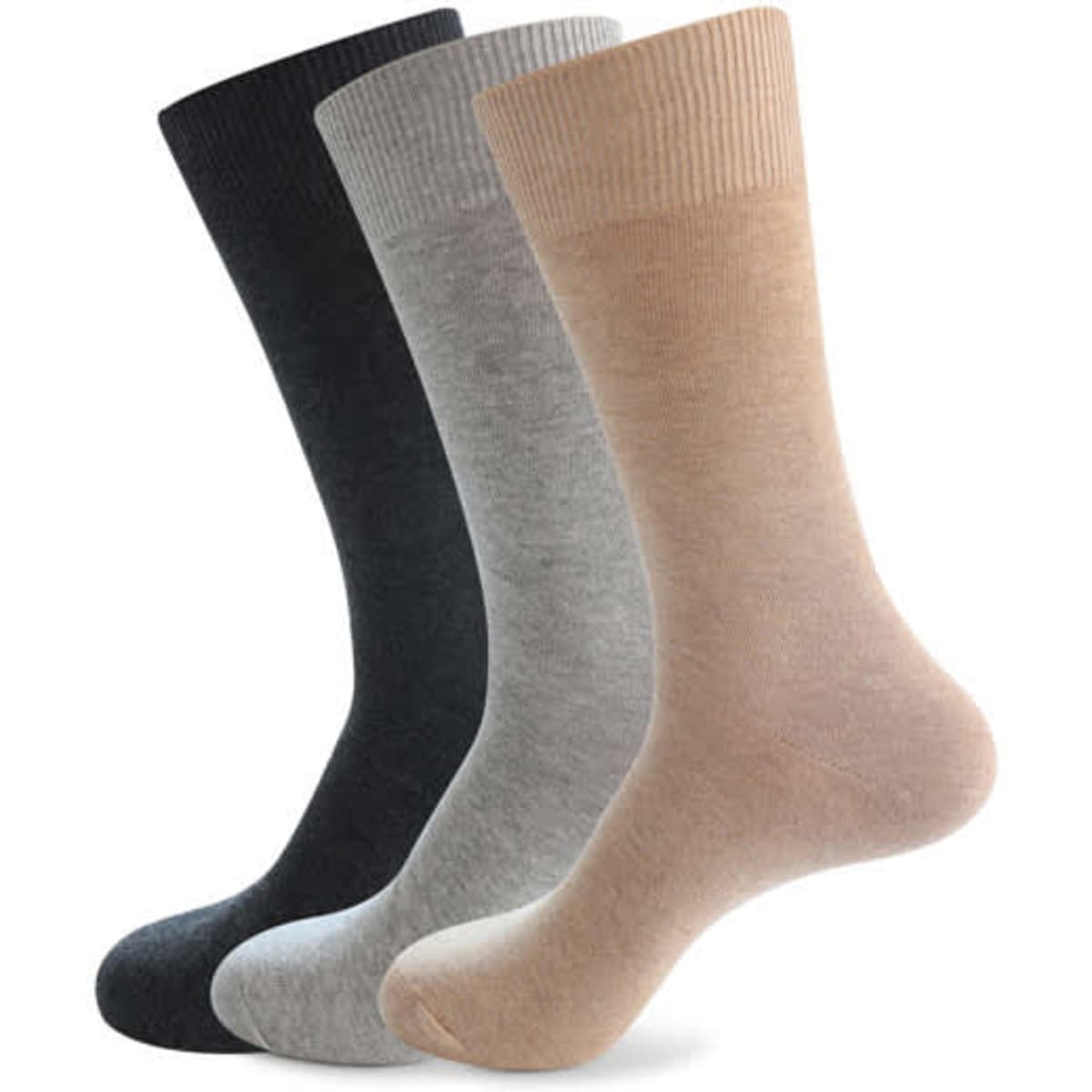 Three pairs of men's combed cotton socks in black, grey, and beige, featuring a cuffed design.