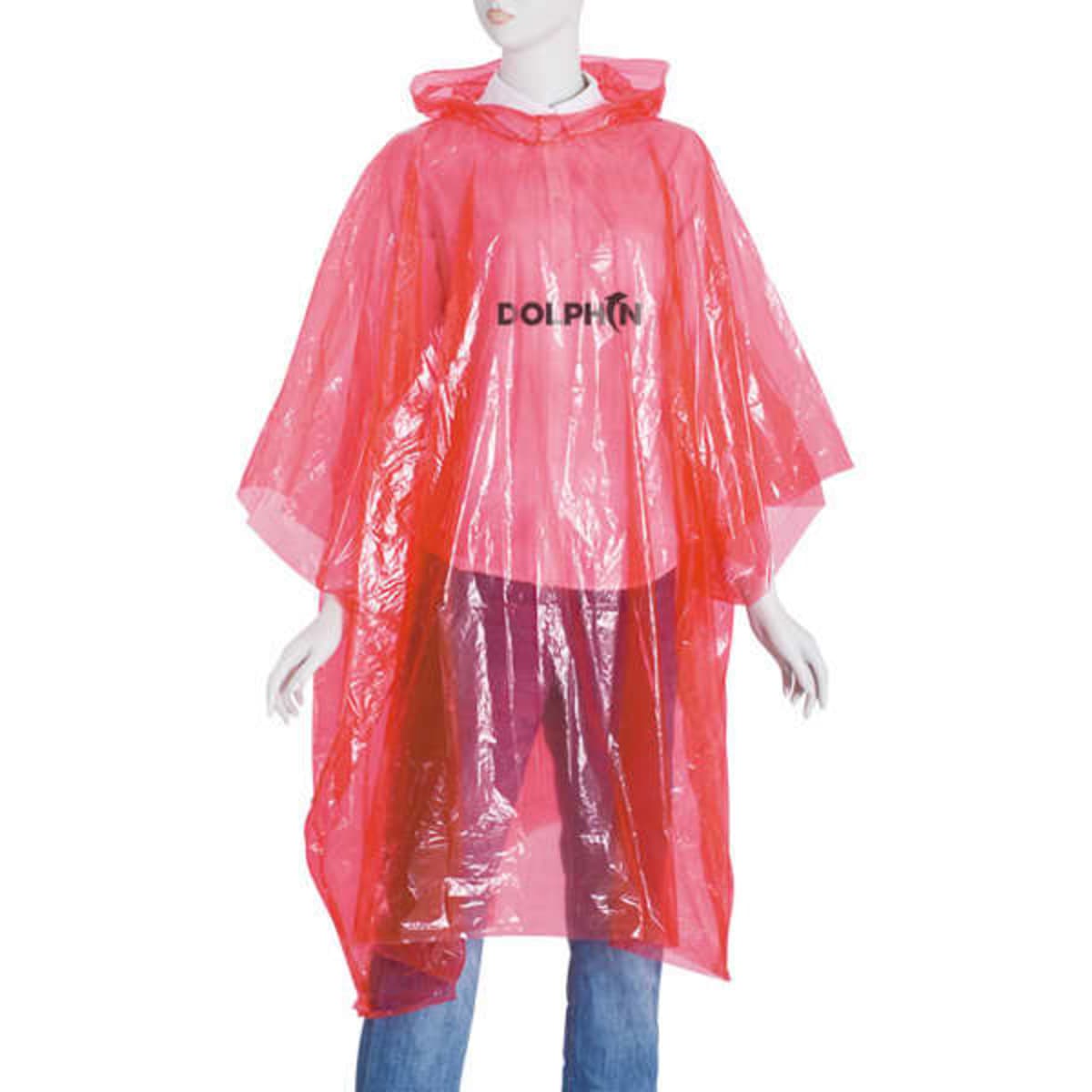 A red disposable square rain poncho with a hood, featuring a logo on the front.