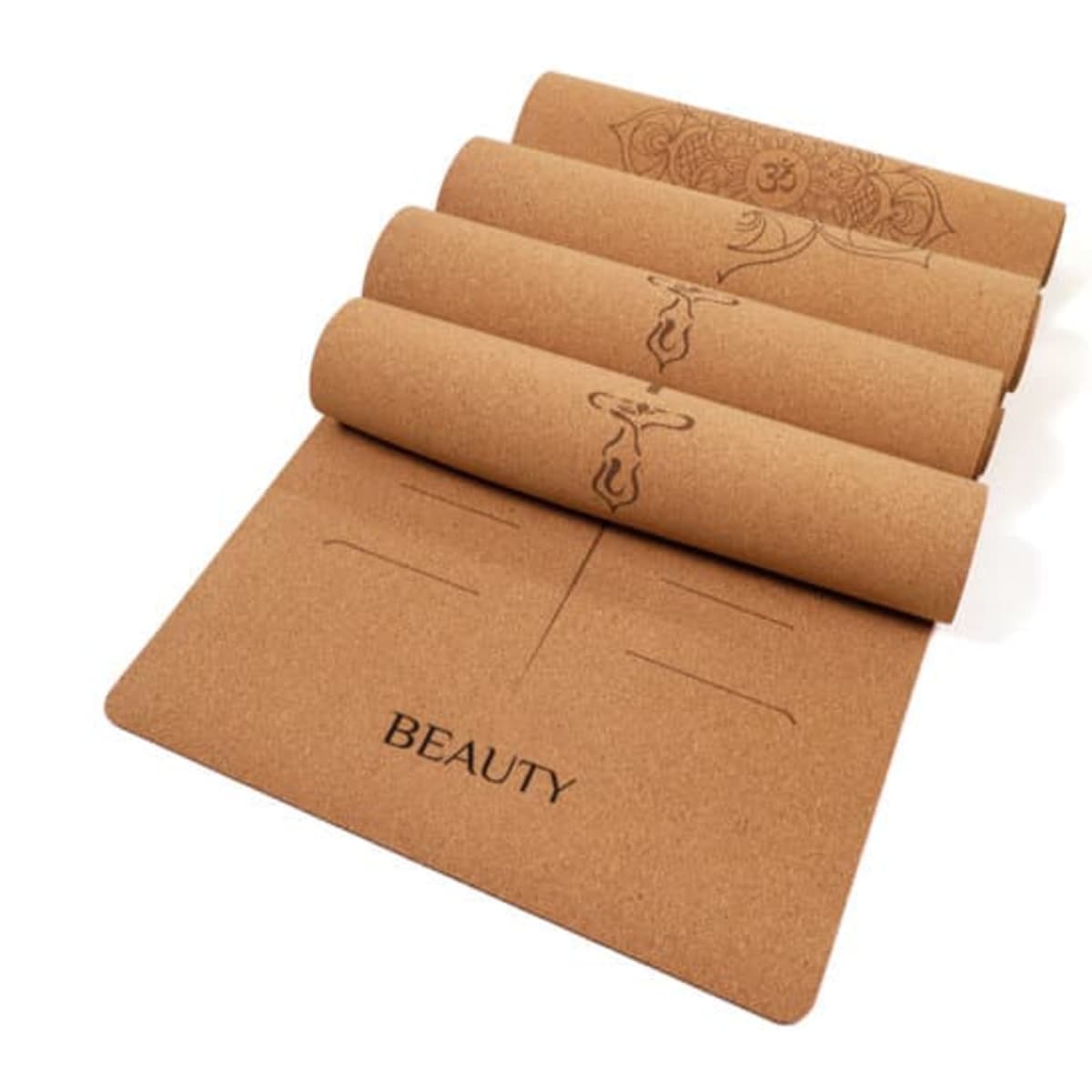 A cork rubber yoga mat in a natural tan colour with engraved designs and the word "BEAUTY" on it. It has a logo.