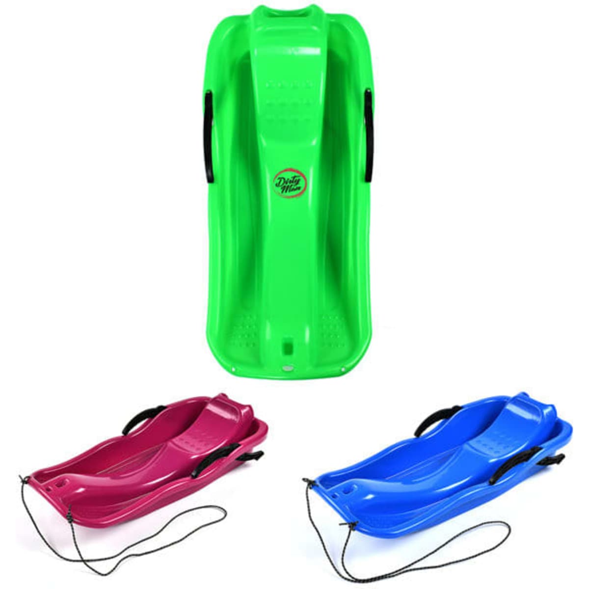 A plastic snow slider in green, with additional sliders in pink and blue, featuring handles and a logo.