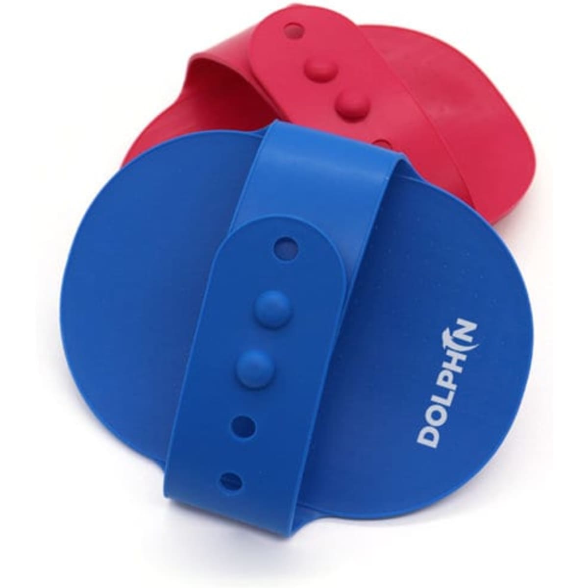 A blue and red grooming brush for pets, featuring a comfortable grip and a logo on the side.