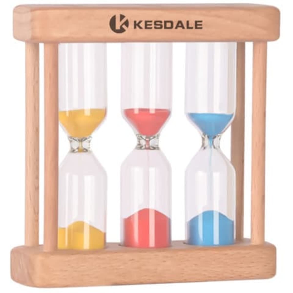 A wooden hourglass with three sand timers, featuring yellow, red, and blue sands, in a rectangular frame with a logo.