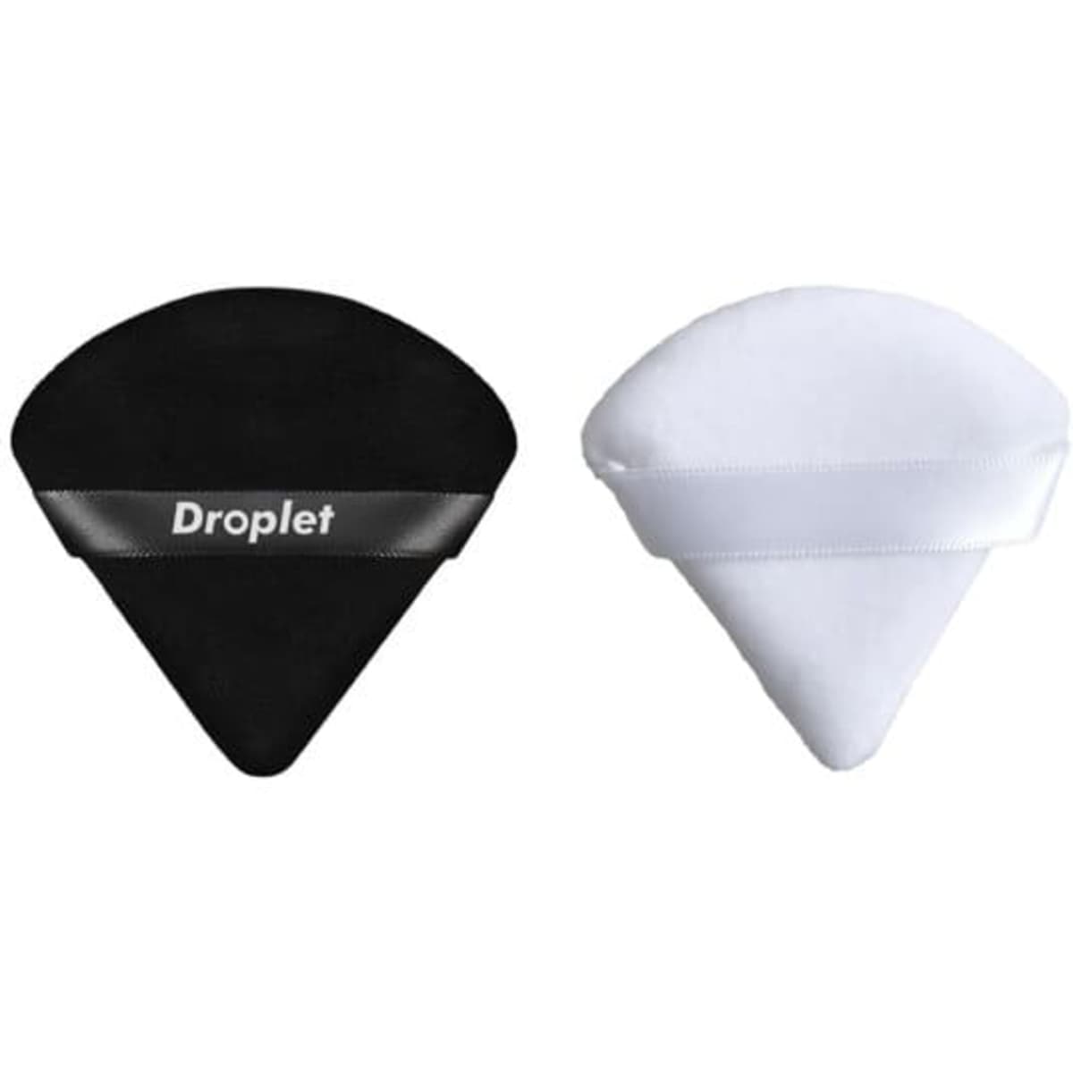 Triangle-shaped powder puff in black and white, featuring a ribbon. Includes branding on the black puff.