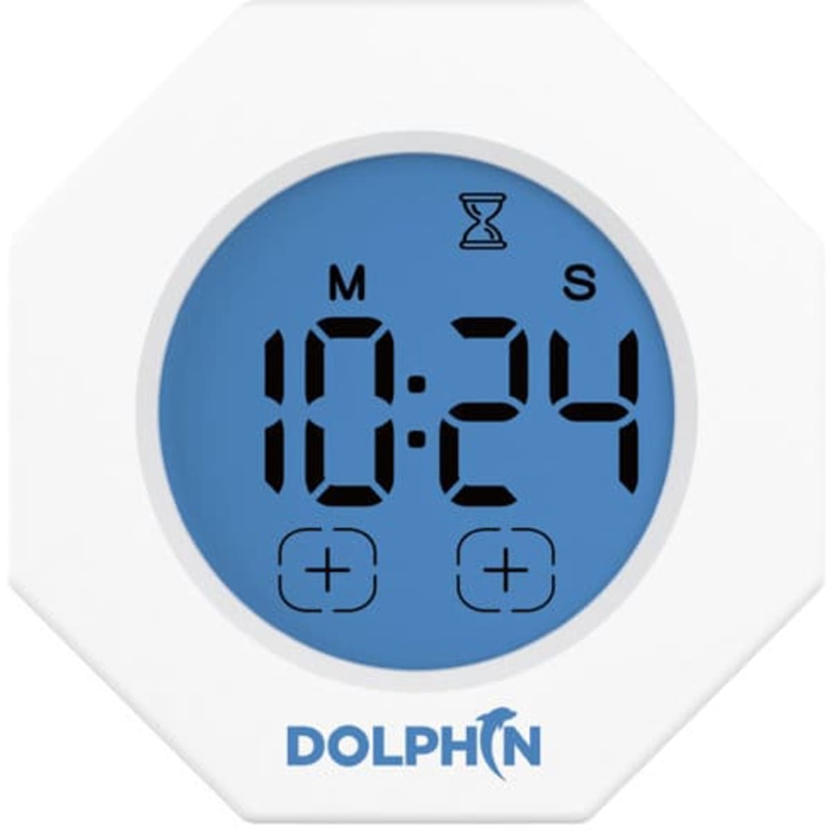 A blue and white hexagonal timer with digital display showing minutes and seconds, featuring a logo on the bottom.