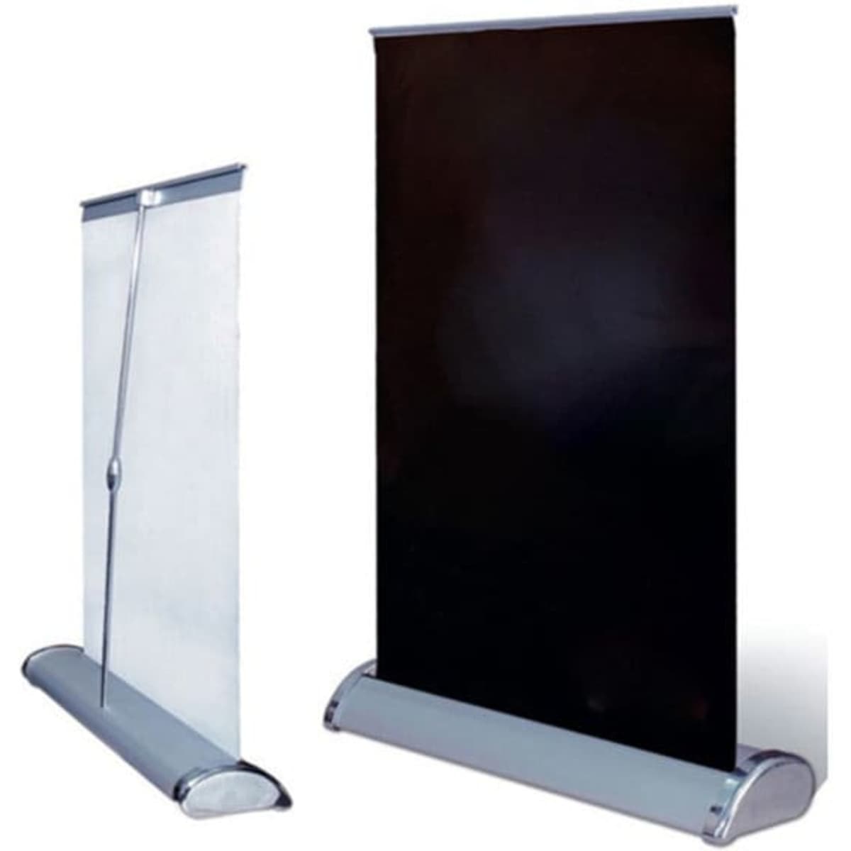 A4 desktop roller banner featuring a sleek silver base with a black display area, designed for exhibitions and events.
