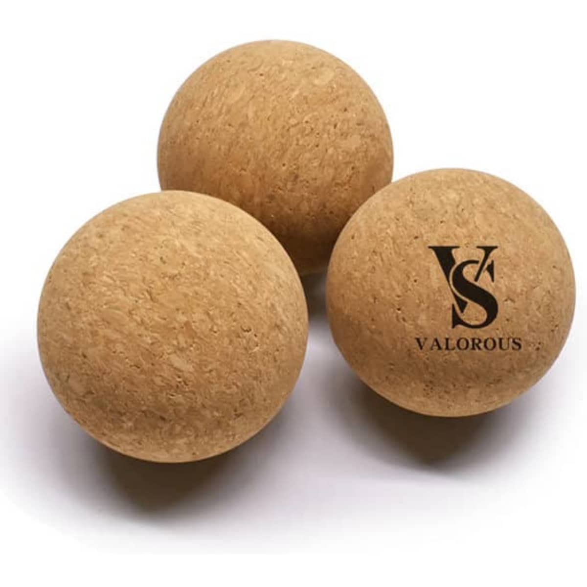 Three natural cork massage balls arranged closely together, featuring a logo on one ball.