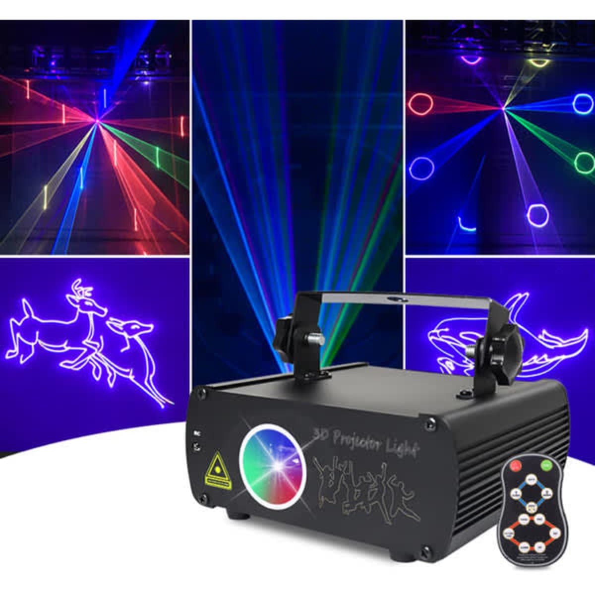 A black DJ laser light projector displaying colourful red, green, and blue animated laser patterns, with a remote control.