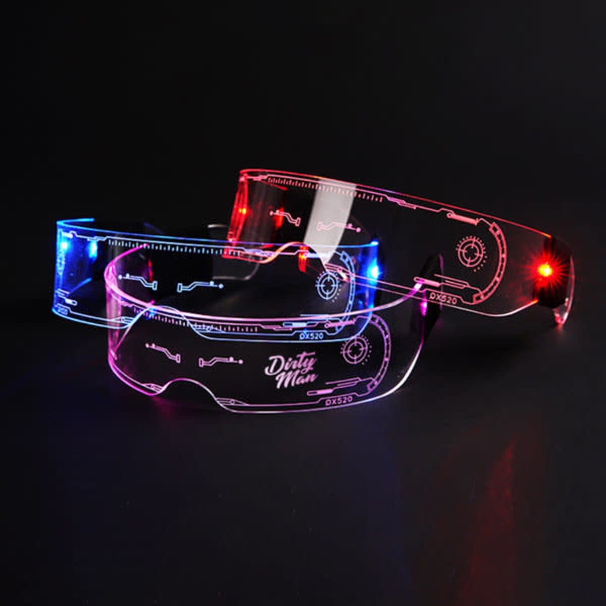 Colourful LED lighting glasses in red, blue, and pink, featuring a sleek design and a logo on the side.