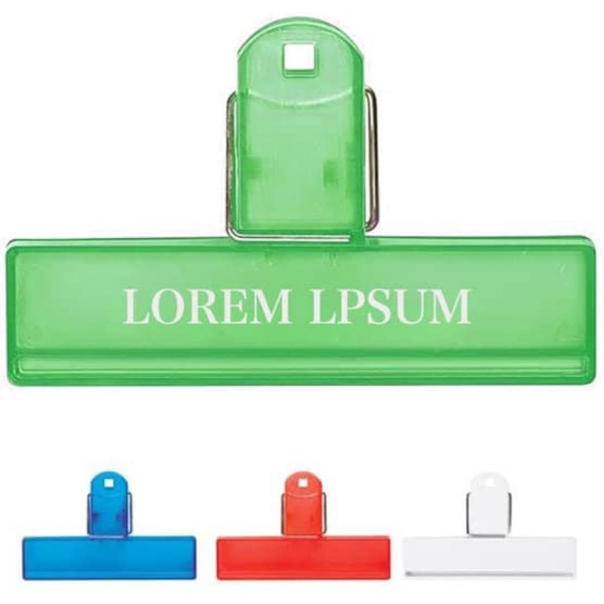 A green plastic bag sealed clip is displayed, alongside blue, red, and white clips, all featuring a logo.