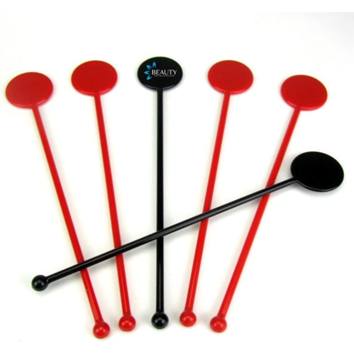 Customisable plastic swizzle sticks in red and black, featuring circular tops and a logo on one stick.