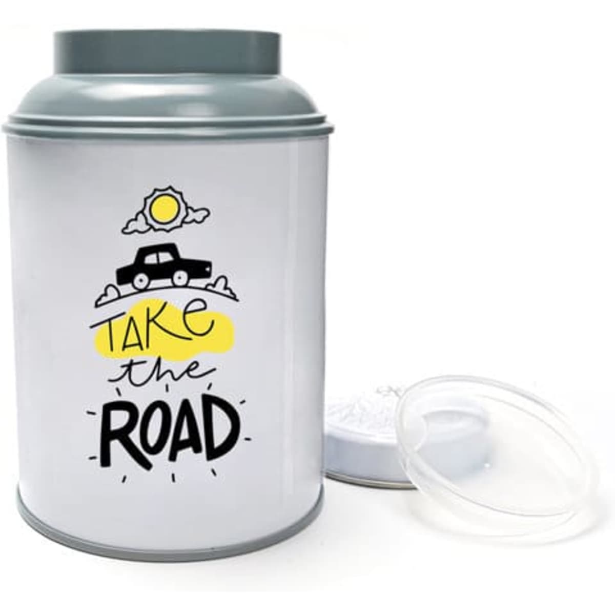 A tinplate tea storage container in grey with a removable lid, featuring a car graphic and sunny design elements.