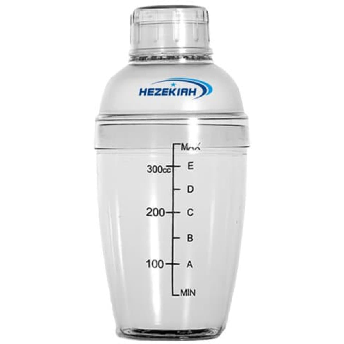 A transparent cocktail shaker with a scale marked in millilitres, featuring a lid and a logo.