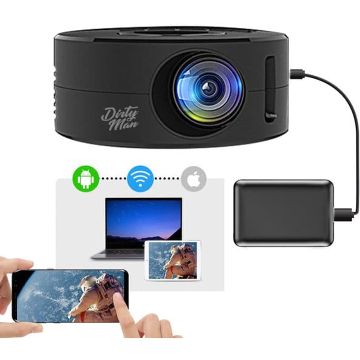 A black mini portable projector features a lens with multicolour detailing and includes connection options for devices.