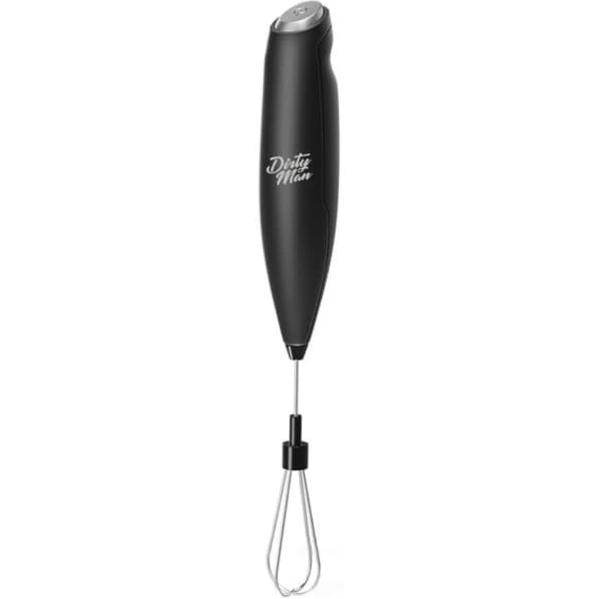 A stainless steel electric egg whisk in black with a whisk attachment and a logo on the handle.