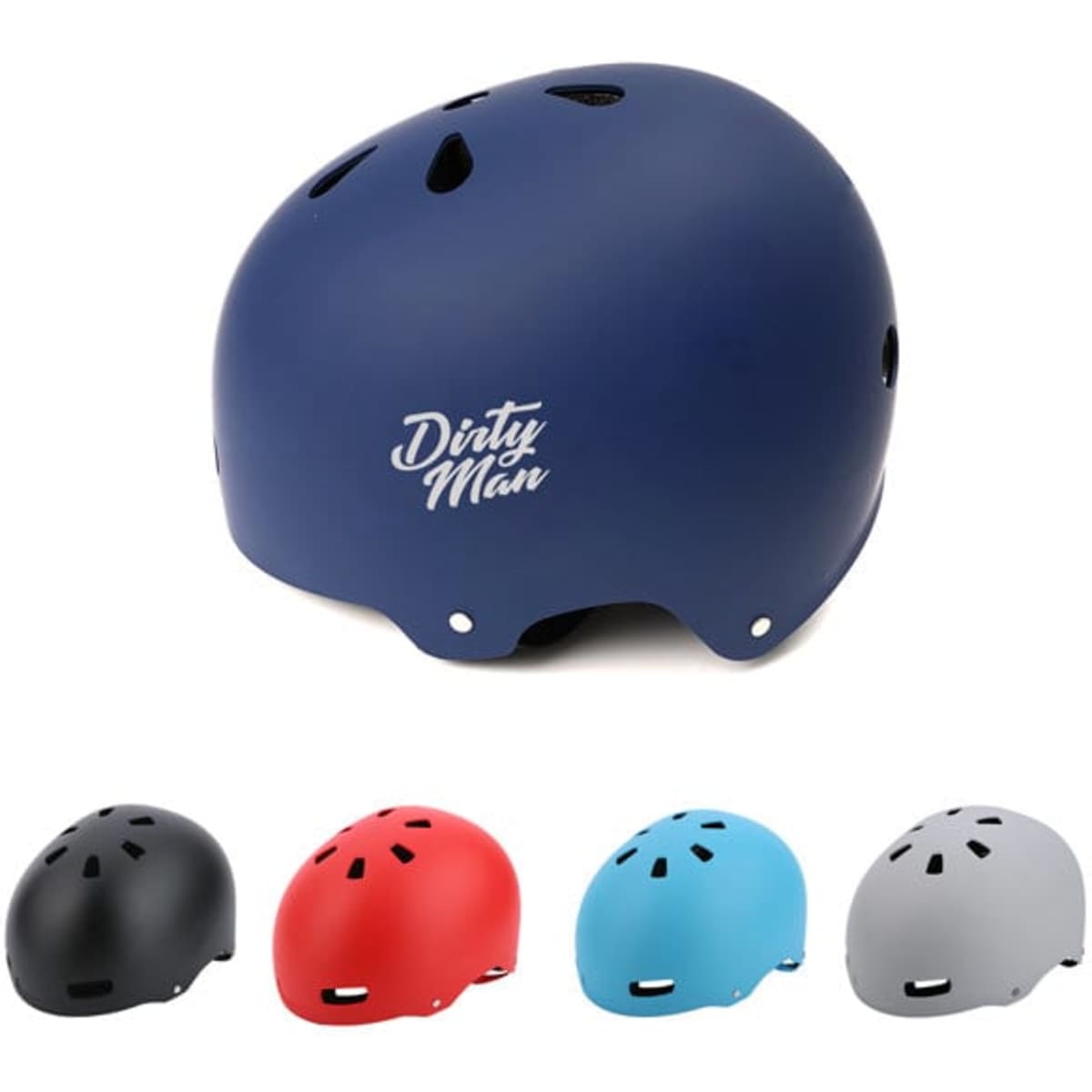 A premium adjustable helmet in navy blue with ventilation holes, alongside options in black, red, light blue, and grey.