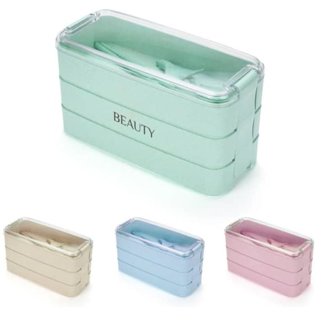 A stackable bento box in mint green, with pink, blue, and beige options visible. Features a logo on the front.