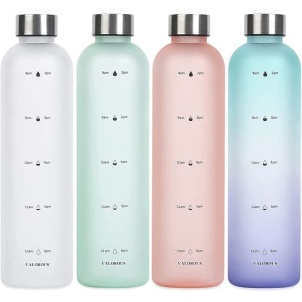 A drink bottle set featuring four 32 oz. water bottles in white, mint green, pink, and gradient blue, each with a time marker.