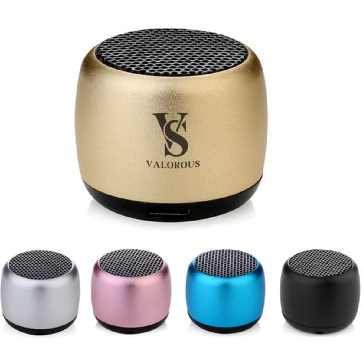 A mini portable wireless speaker in gold, with silver, pink, blue, and black options visible, featuring a logo.