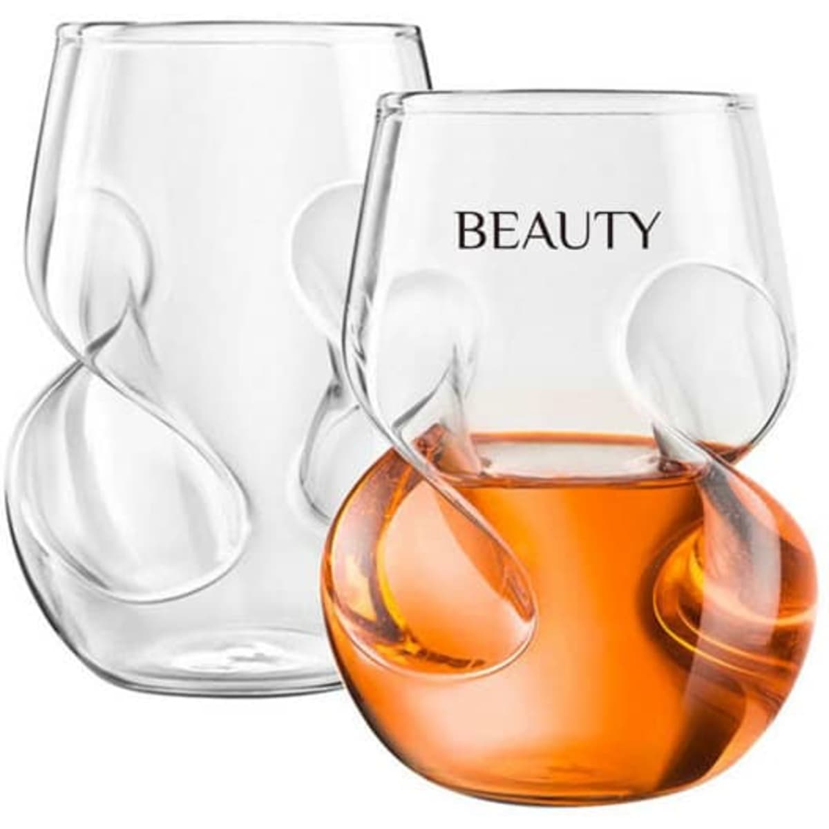 A set of two stemless wine glasses with fingerprint indentations, one clear and one filled with amber liquid.
