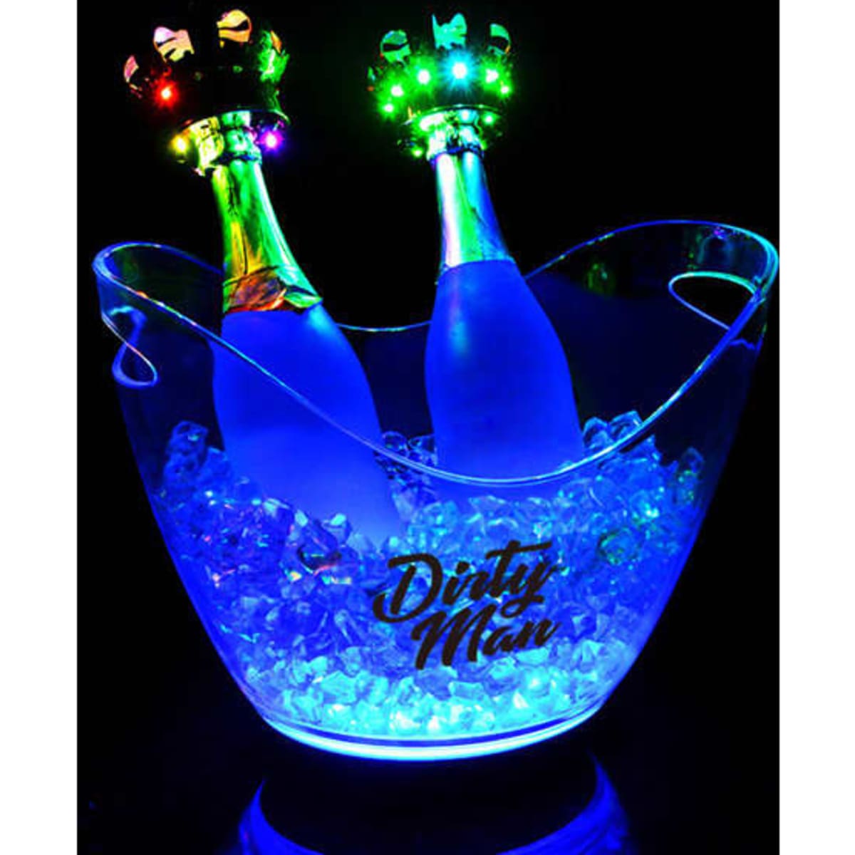 A large transparent ice bucket features two bottles and colourful LED lights, designed for leisure and outdoor use.