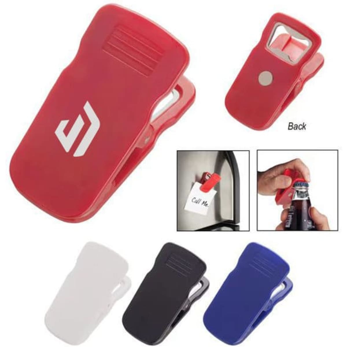 A drink bottle opener clip in red, black, white, and blue, featuring a logo and a magnetic back for attachment.