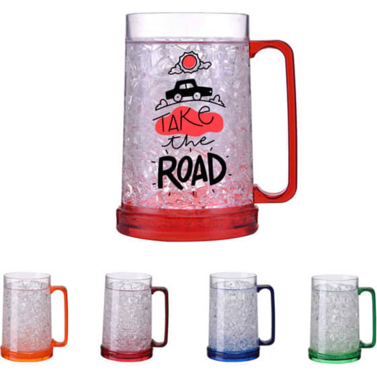 A drink mug with a red handle and base, featuring a clear body filled with ice and a design. Available in orange, blue, and green.