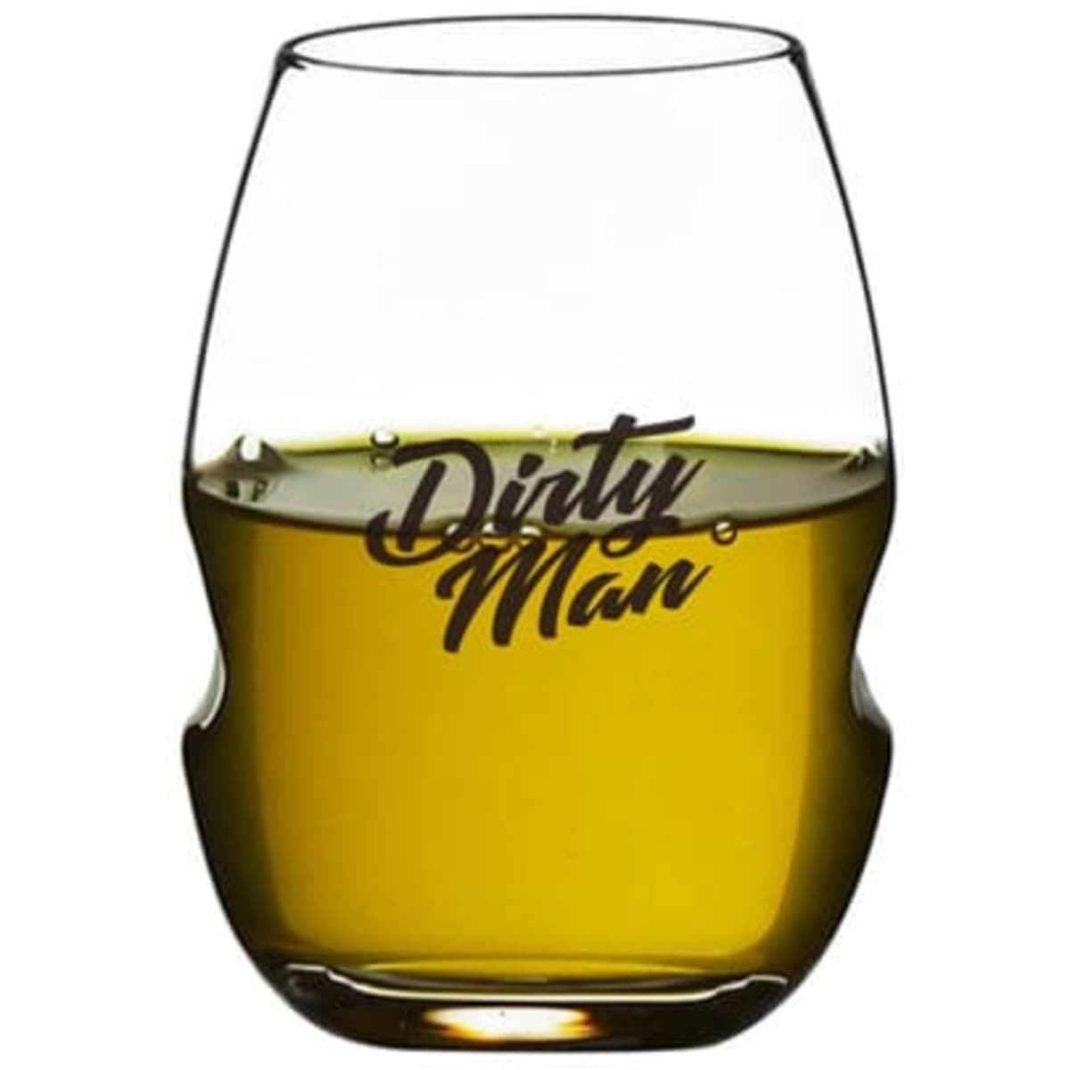A stemless wine glass with a curved shape, featuring a logo and filled with a light yellow liquid.