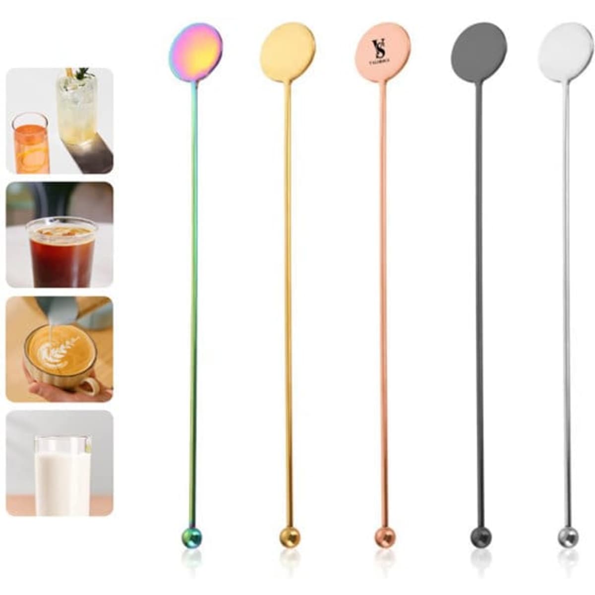 Gold, rose gold, rainbow, silver, and black stainless steel cocktail stirrers displayed in various sizes with a logo on one.