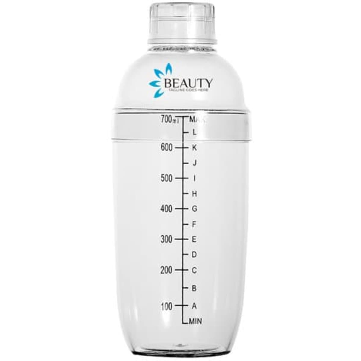 A drink bottle with a transparent plastic body, measuring markings, and a silver lid, featuring a logo.