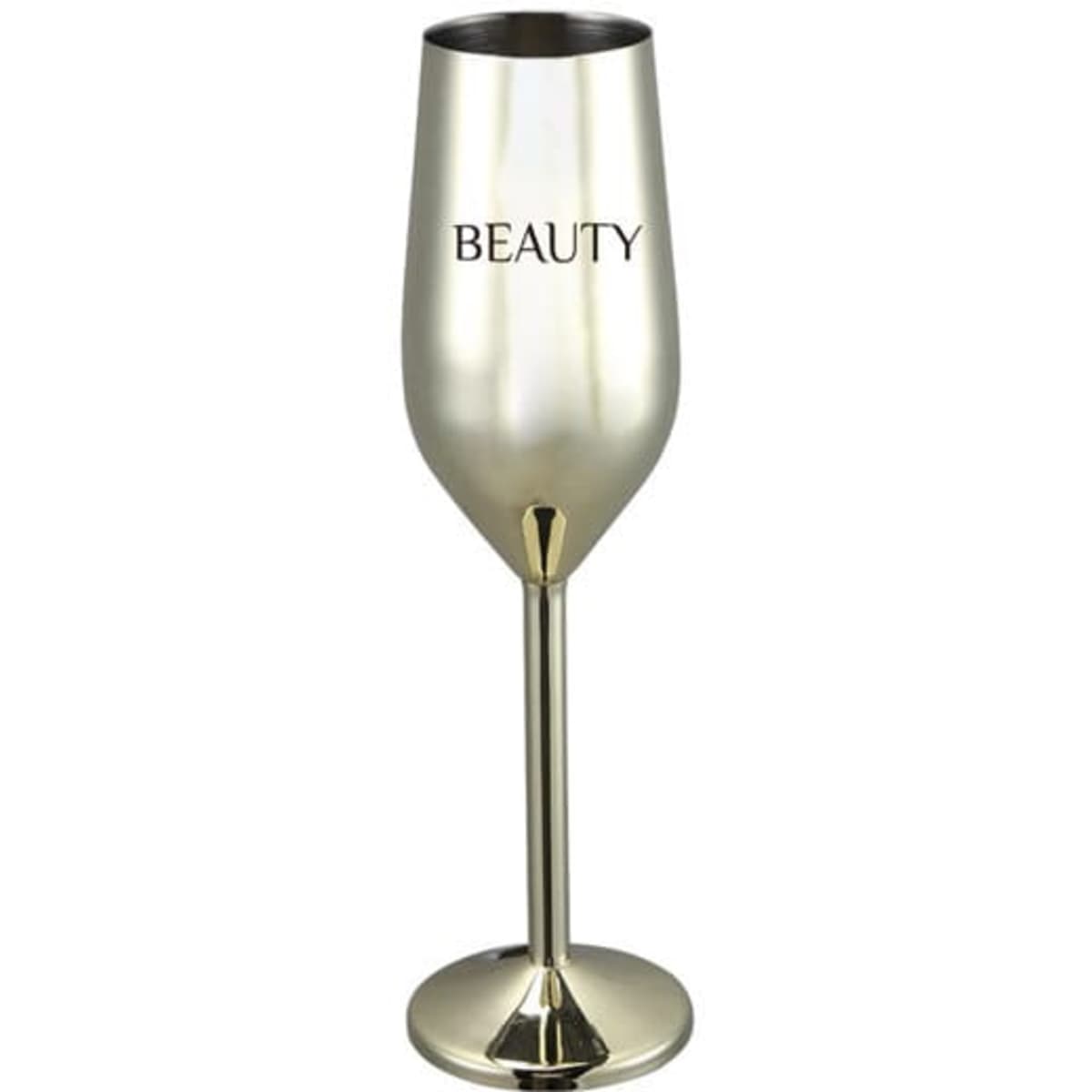 A stainless steel champagne glass in a silver and gold finish, featuring a logo on the surface.
