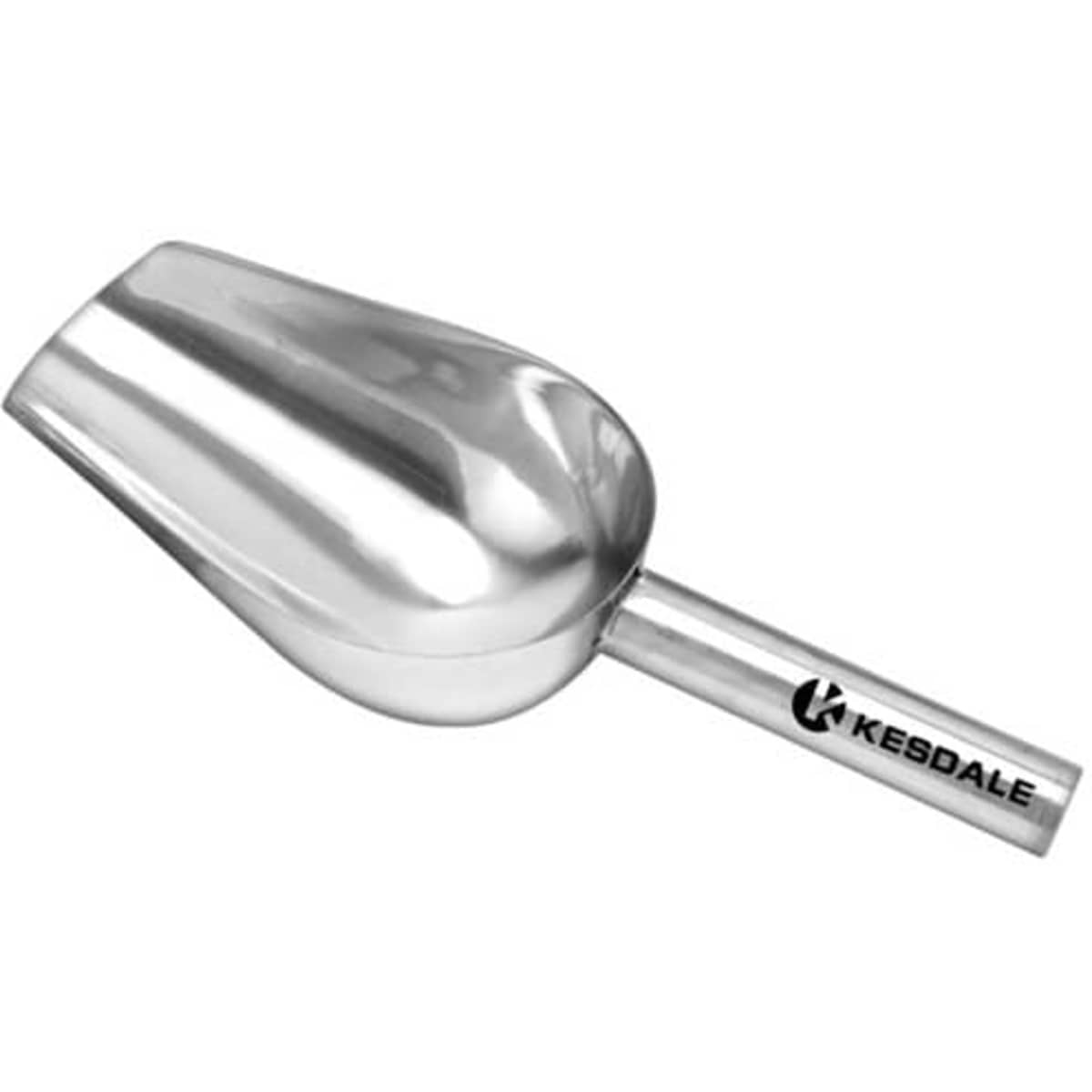 A stainless steel ice scooper with a sleek silver design and a branded handle.